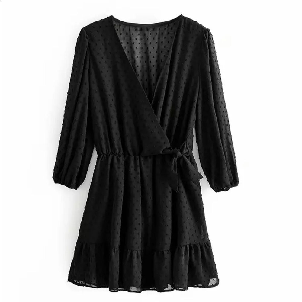 Black SwissDot Side Tie Ruffle Mini Jumpsuit Dress - Picture 10 of 13